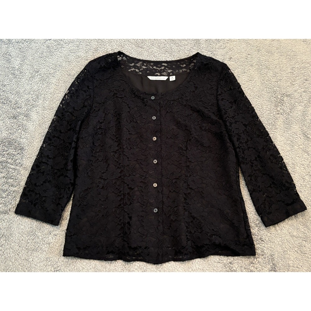 Isaac Mizrahi Live Womens Medium Black Lace Lined Button Blouse A620711